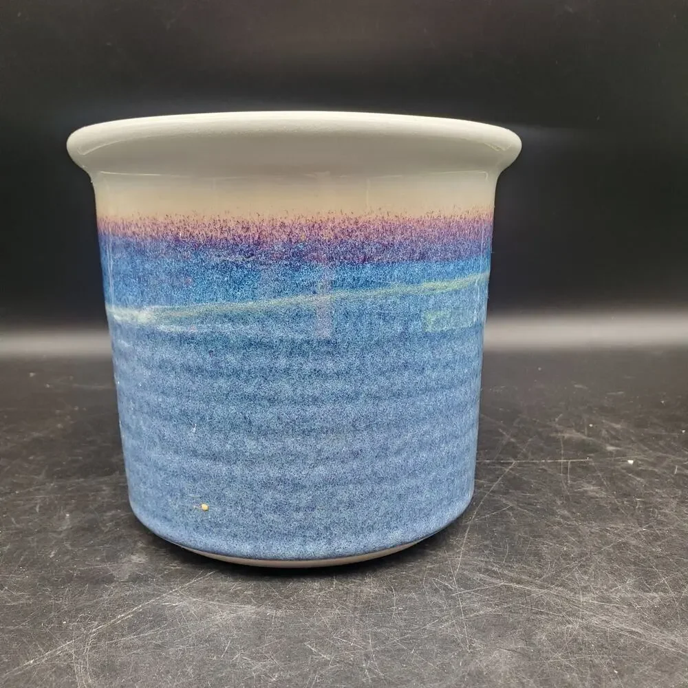 Fireborn Pottery Blue Purple Glazed Ceramic Planter Crock Signed Studio Art